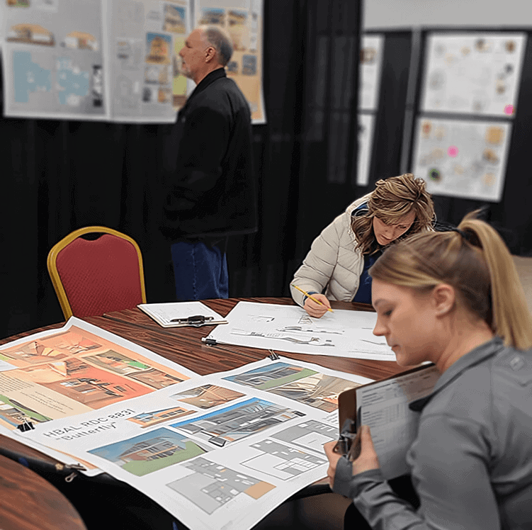 2023 Interior and Residential Design People reviewing architectural designs and blueprints at an event.