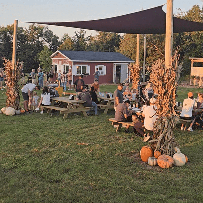 People enjoying food outdoors at a fall-themed gathering.