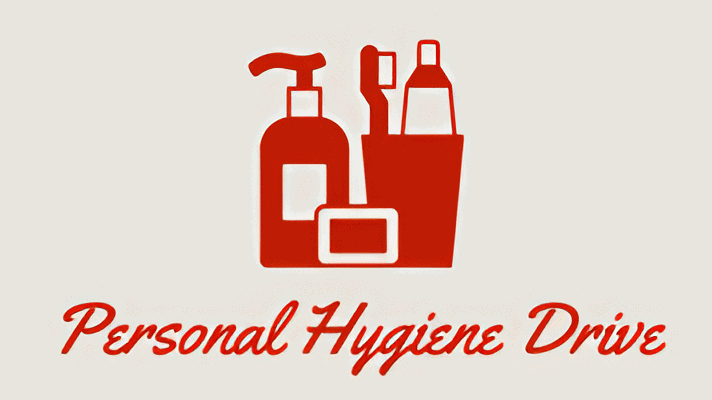 Personal hygiene products including soap, sanitizer, and lotion in red icons.
