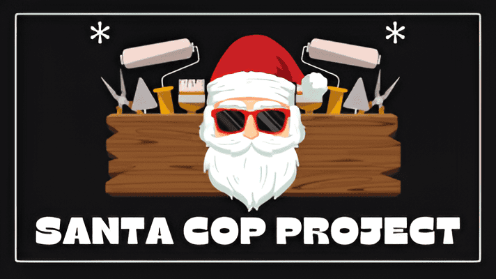 Santa Claus with tools for the 2025 Santa Cop Project.