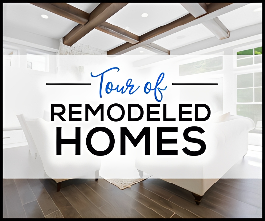 Tour of Remodeled Homes over modern living room interior.