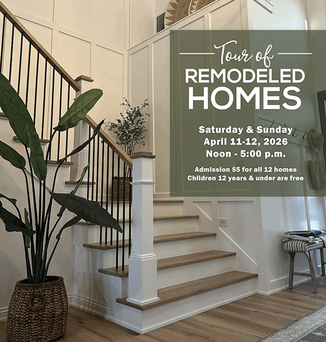Remodeled home tour event details on a modern staircase.