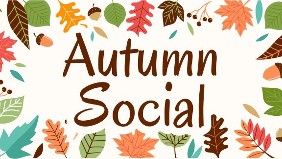 Autumn Social event poster with colorful fall leaves and text.