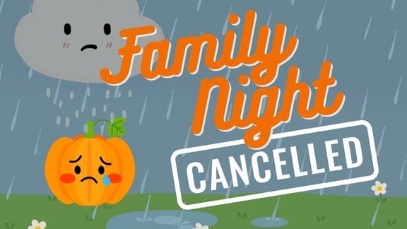 Sad cloud and pumpkin, Family Night cancelled due to rain.