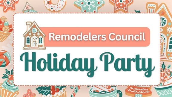 Remodelers Council Holiday Party invitation with gingerbread house design.